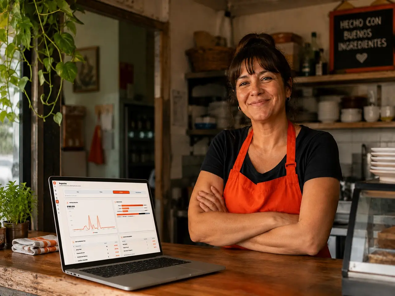 Dueña feliz con su local, con los reportes de moote en el notebook