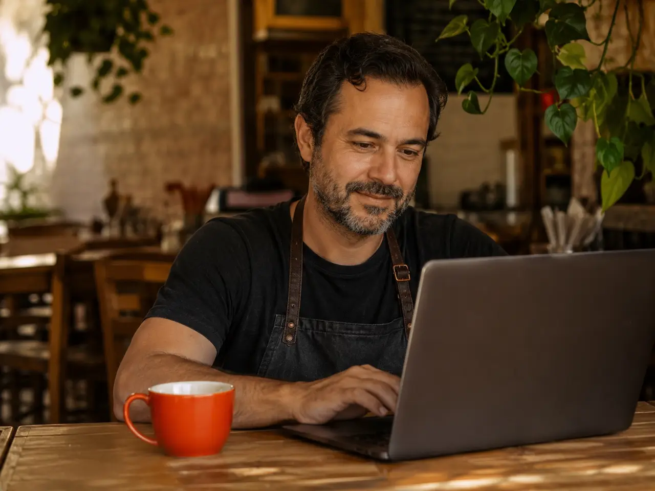 Dueño revisando los reportes de moote con un café